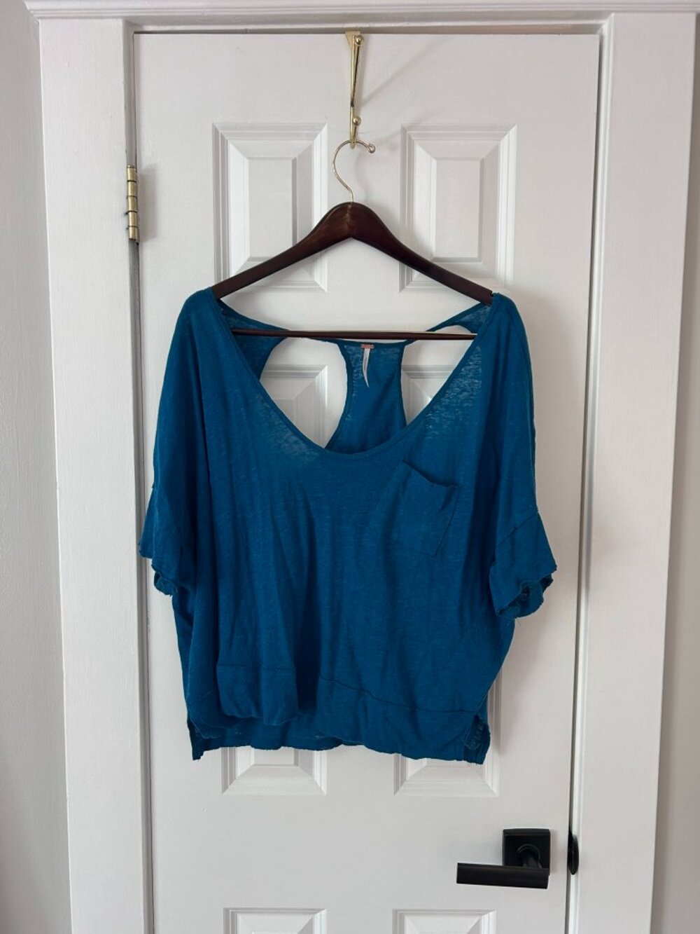 Free People Teal Semi Sheer Linen Blend Slouchy Pocket Tee Open Racerback S